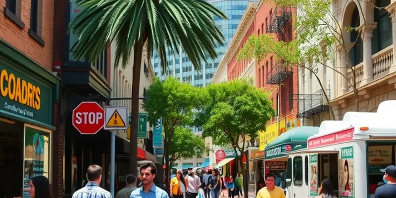 Panoramic view of downtown Austin’s skyline, captured on a sunny day with people in the foreground enjoying the outdoor spaces.