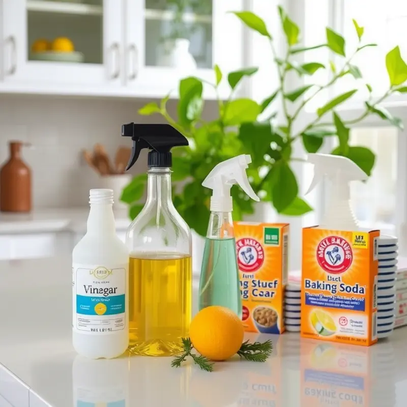 Eco-friendly cleaning supplies ready for a safe apartment cleaning.