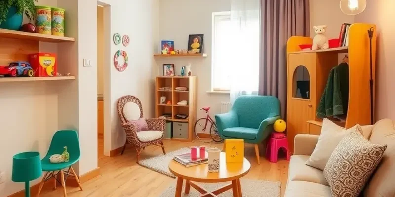 A family playing with children and pets in a beautifully arranged apartment, showcasing a warm home environment.