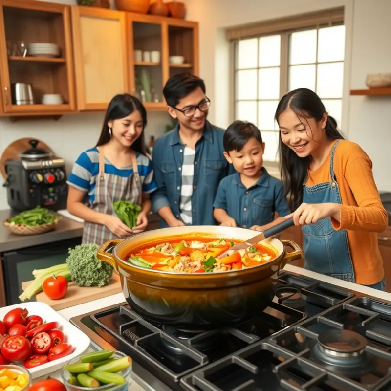 A family enjoying the process of creating a delicious one-pot meal.