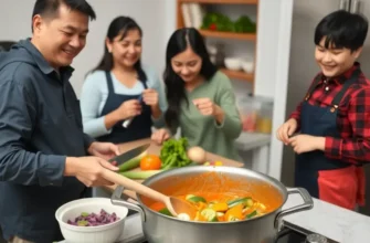 A joyful family gathered for a meal with their pet, presenting an inviting kitchen atmosphere.