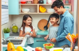 A diverse and healthy meal spreads across a dining table where a family enjoys their time together with a pet nearby.