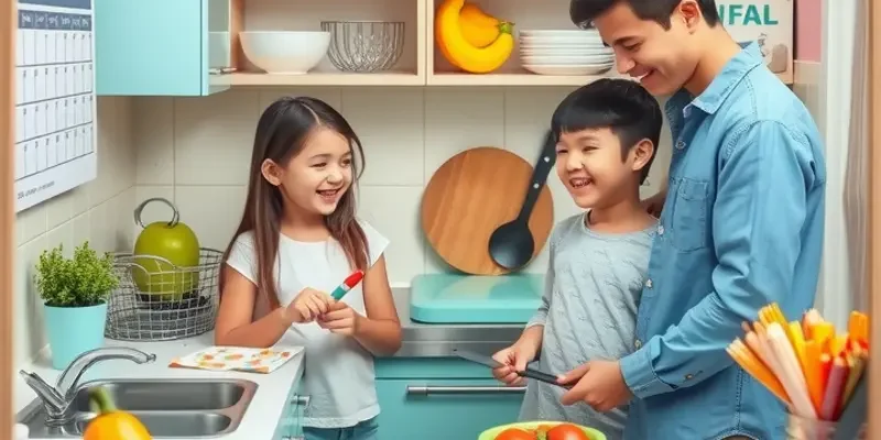 A diverse and healthy meal spreads across a dining table where a family enjoys their time together with a pet nearby.