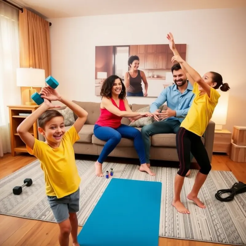 A joyful family enjoying fitness together at home.