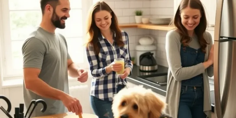 A family with children and pets smiling together in a vibrant apartment, reflecting harmony and comfort.