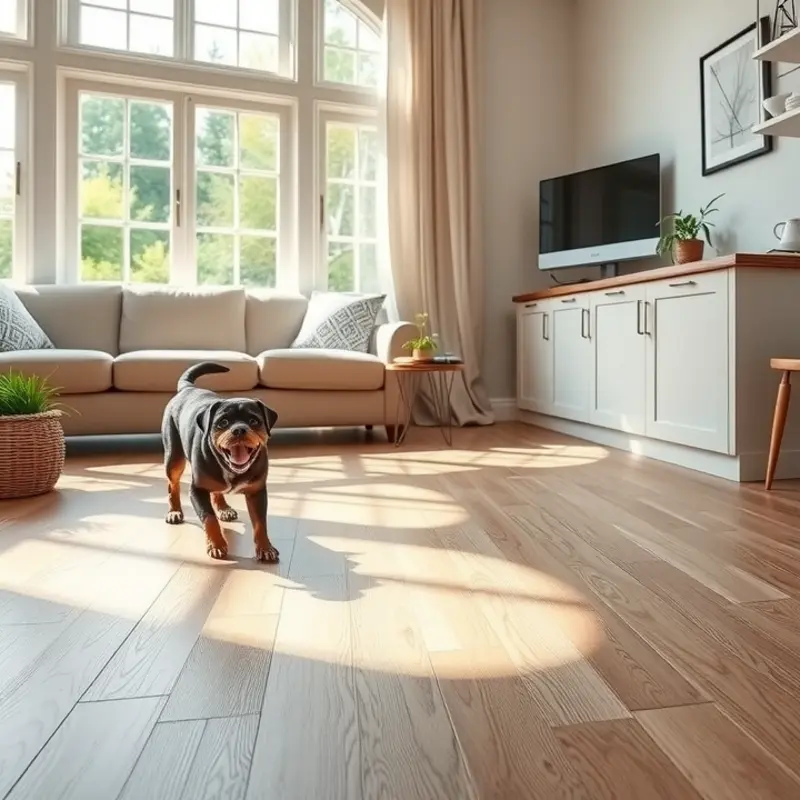 A vibrant living room showcasing pet-friendly flooring with kids and pets at play.