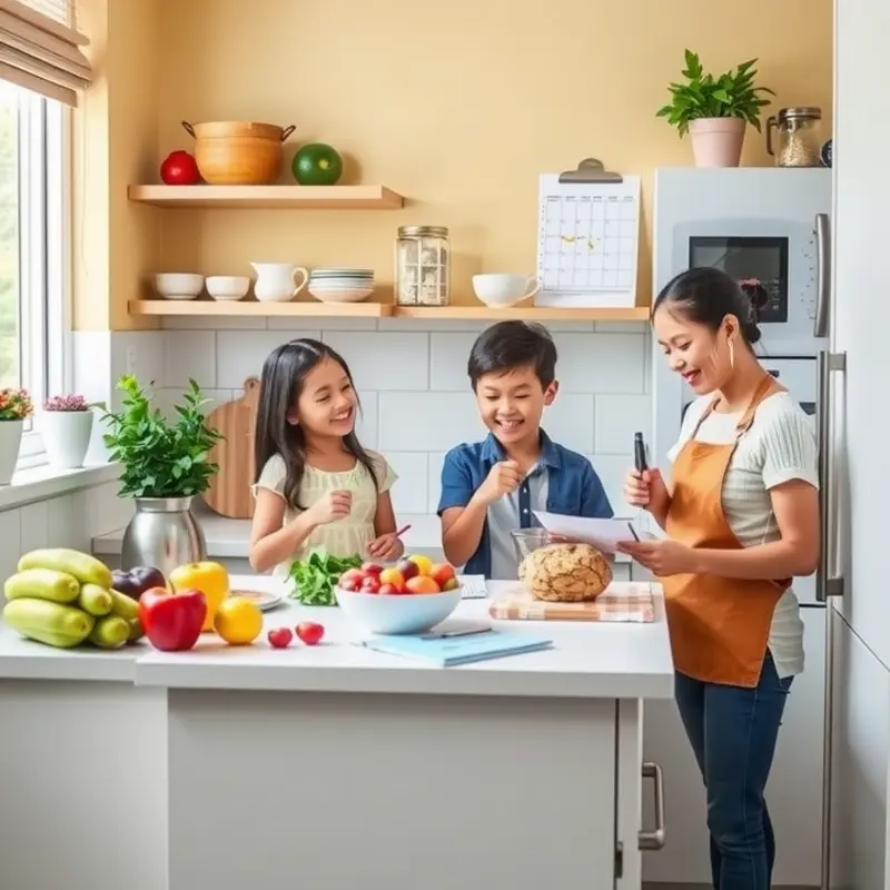 Families planning nutritious meals together in a cozy kitchen.