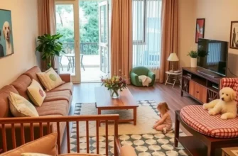 A lively family engaging with their pets in a cheerful apartment setting, emphasizing harmony.