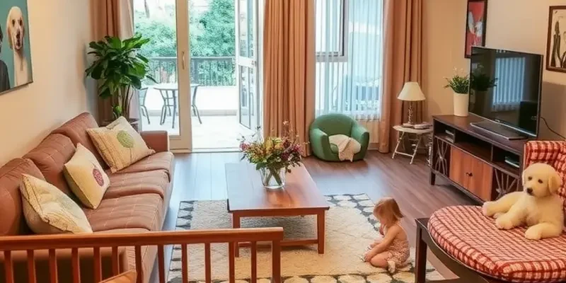 A lively family engaging with their pets in a cheerful apartment setting, emphasizing harmony.