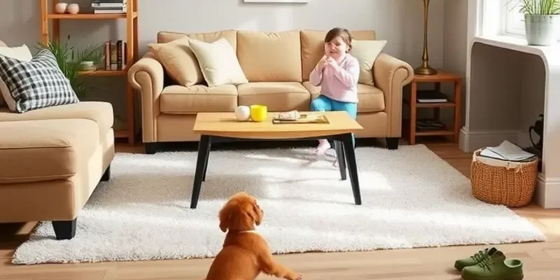 A cheerful family with a dog and a child in a well-designed pet-friendly home.