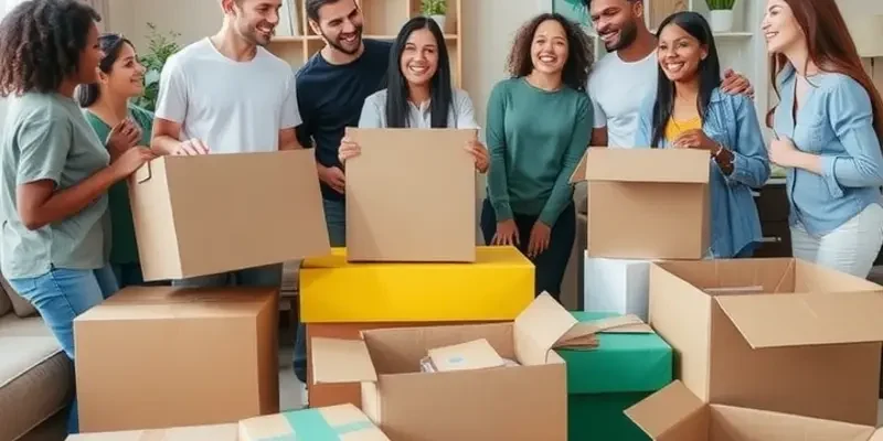 A happy family unpacking boxes in their new living room, showcasing the joy of moving into a new home.