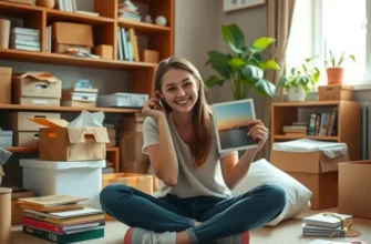 A bright living space filled with minimal decor, with a young person placing a box in a moving truck.