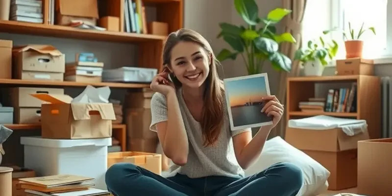 A bright living space filled with minimal decor, with a young person placing a box in a moving truck.