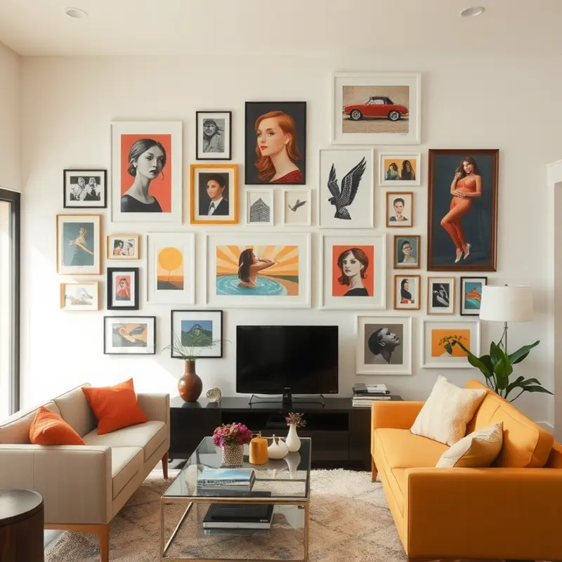 A stunning gallery wall full of colorful and diverse artworks personalized to the renter’s taste.