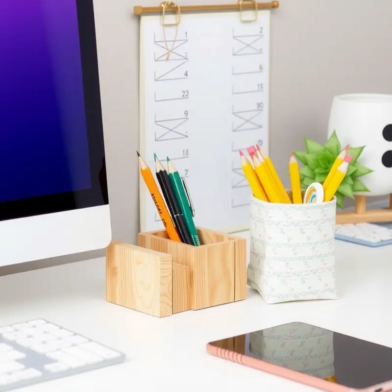 A vibrant assortment of upcycled desk organizers enhancing a quirky workspace.