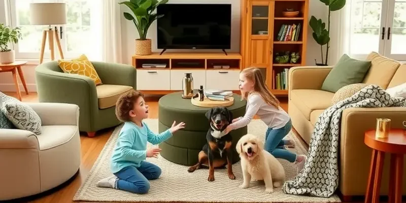 A family smiling with their pets in front of a welcoming apartment building, representing a safe and loving home environment.