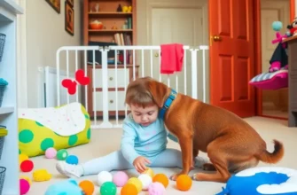 A family playing with their dog in a brightly decorated apartment filled with toys and plants.
