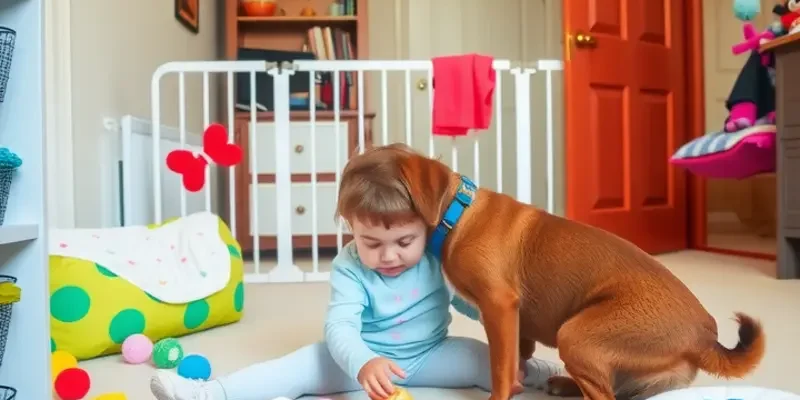 A family playing with their dog in a brightly decorated apartment filled with toys and plants.