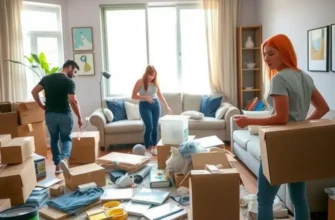 Young adults in a living room filled with boxes discussing their move.