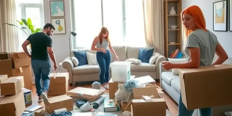 Young adults in a living room filled with boxes discussing their move.