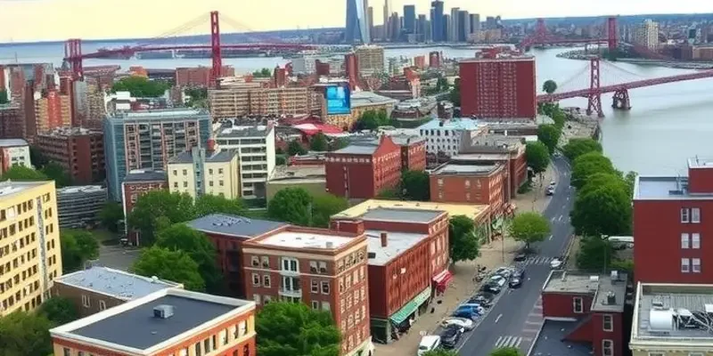 A vibrant street scene in Hoboken with charming buildings and pedestrians enjoying the neighborhood.