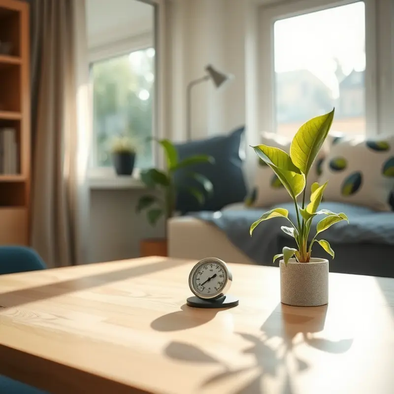 A sunny apartment environment with a hygrometer, illustrating ideal humidity management.
