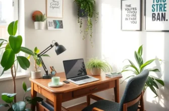 A cheerful apartment desk setup with a laptop and colorful decor.