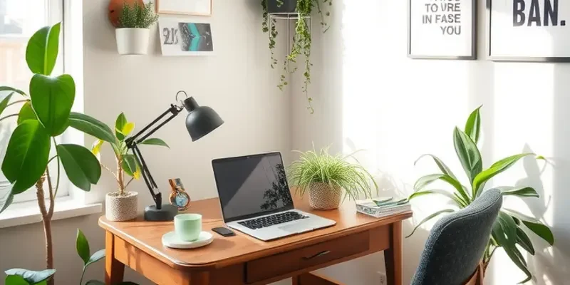 A cheerful apartment desk setup with a laptop and colorful decor.