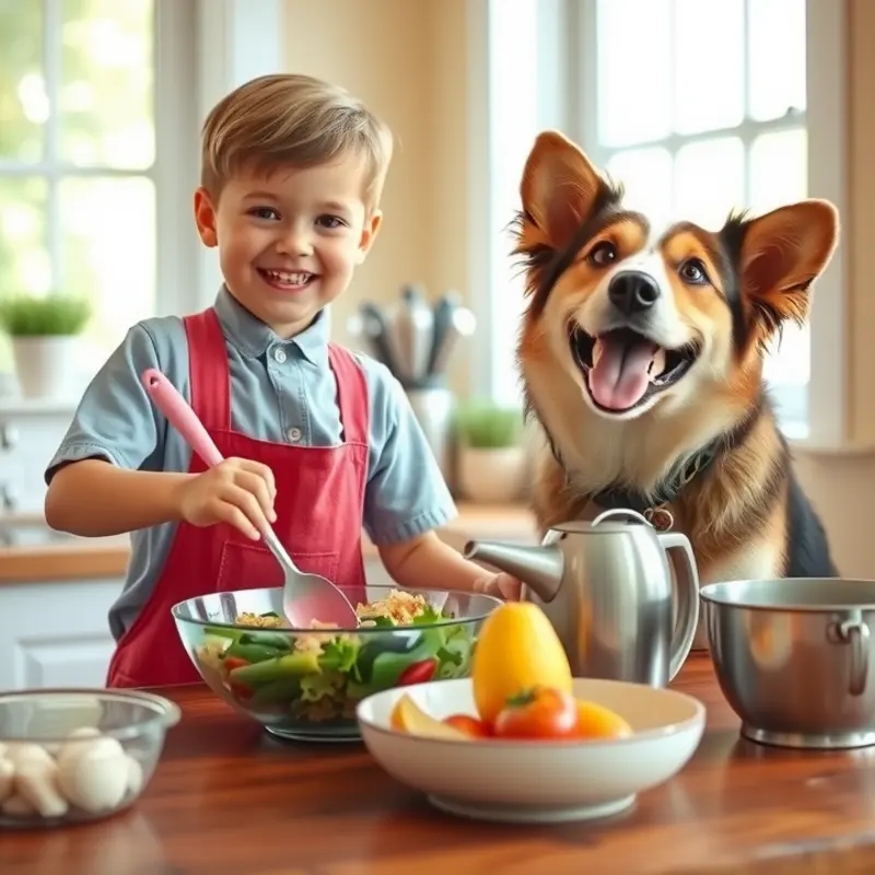 A family engaged in meal prep in a cozy apartment kitchen.