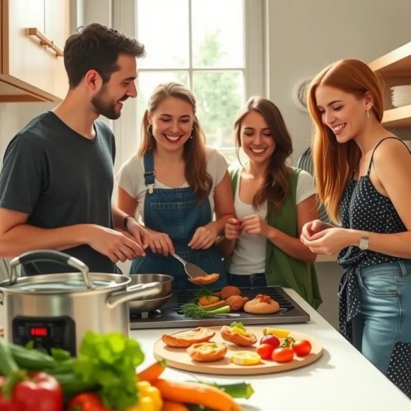 Roommates bonding over cooking and meal prep in a bright kitchen.