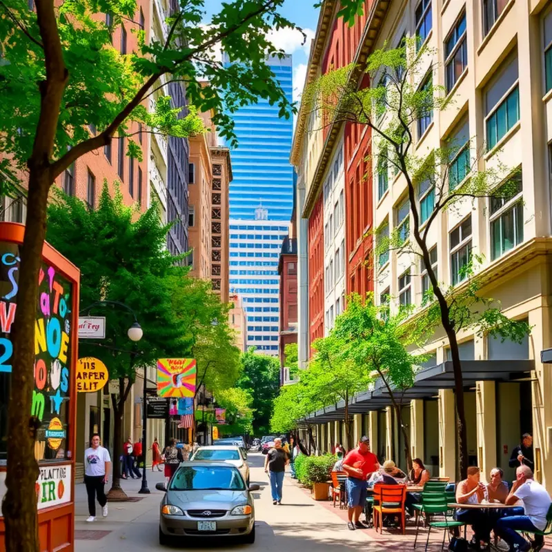 Vibrant street life in Midtown Atlanta, showcasing dining and art.