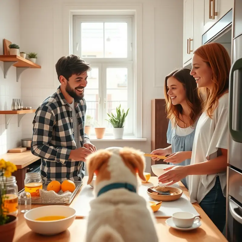 A family enjoying a bright morning in their apartment, fostering connection through shared rituals.