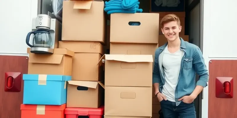 A tranquil living room full of unpacked moving boxes, capturing the essence of a fresh start.