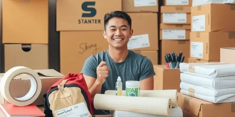 A colorful display of various moving supplies including boxes, tape, and packing materials.