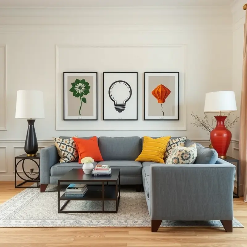 A vibrant living room showcasing colorful decor and accessories.