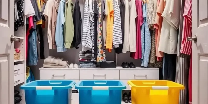 A person in front of a new rental home surrounded by packed boxes and clothing.