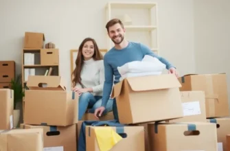 A family unloading boxes in front of their new home.