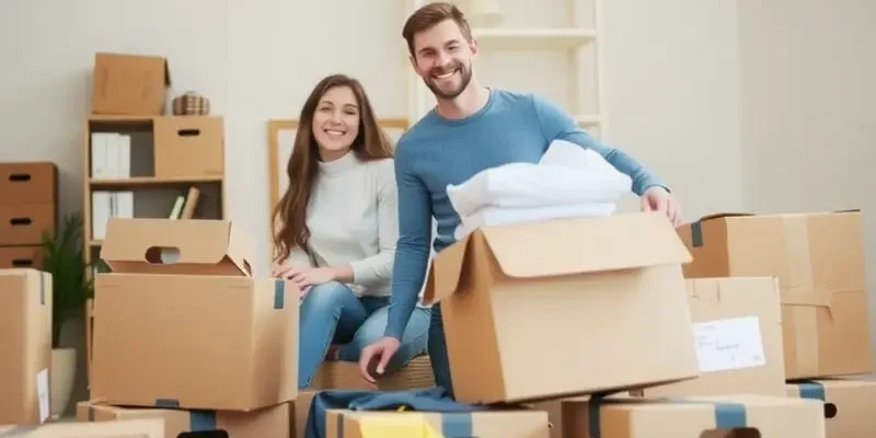 A family unloading boxes in front of their new home.