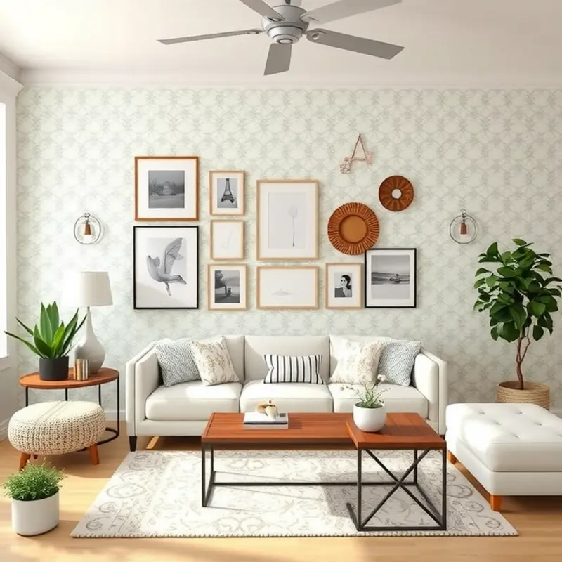 A vibrant living room filled with no-damage wall decor ideas.