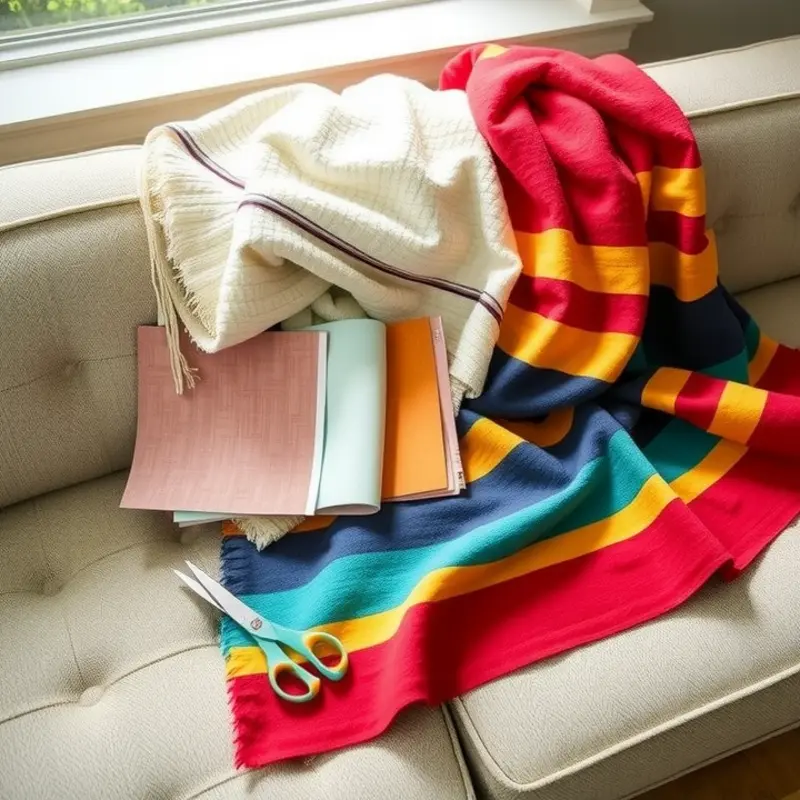 Creating a no-sew throw blanket with colorful fabric swatches.
