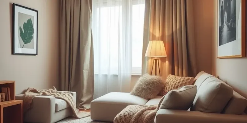 A cozy apartment designed with noise-proofing solutions like rugs and sealed windows.