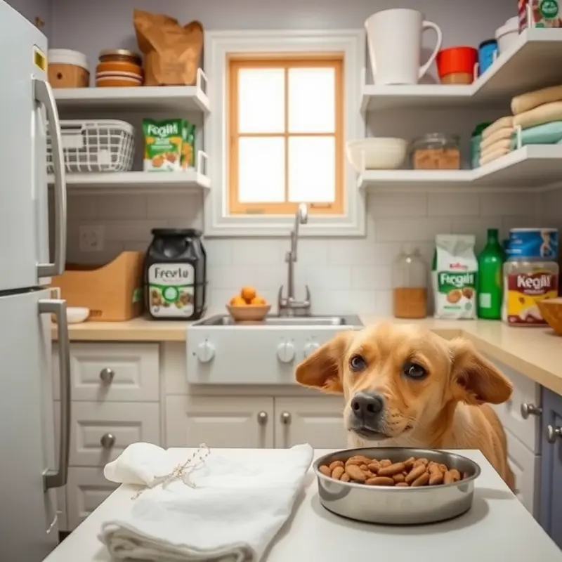 An organized kitchen showcasing an apartment-friendly pet feeding setup.