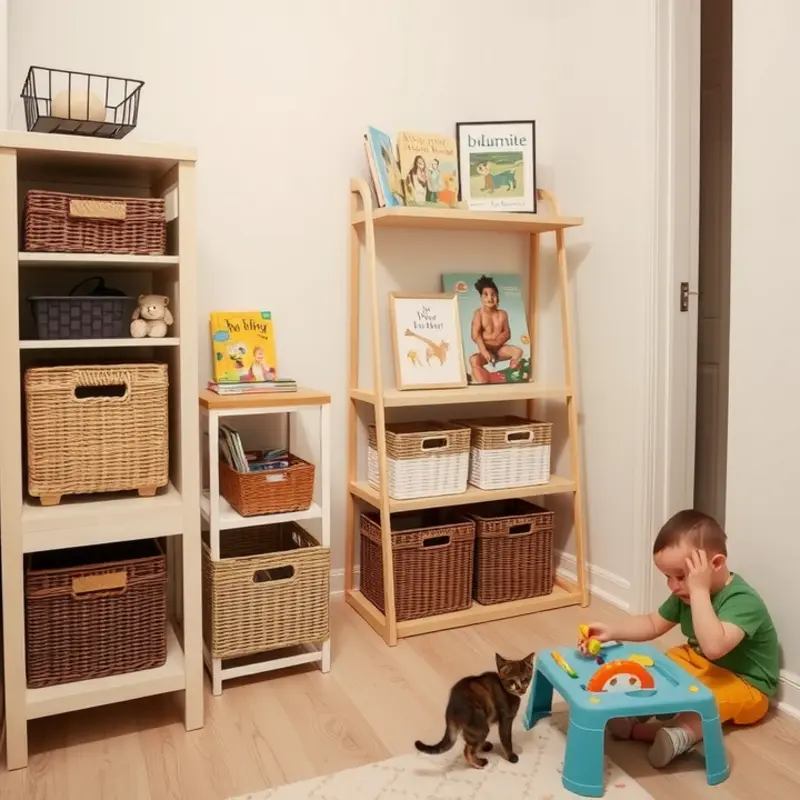 A cozy apartment filled with safe, non-toxic toys for toddlers shared with a pet.