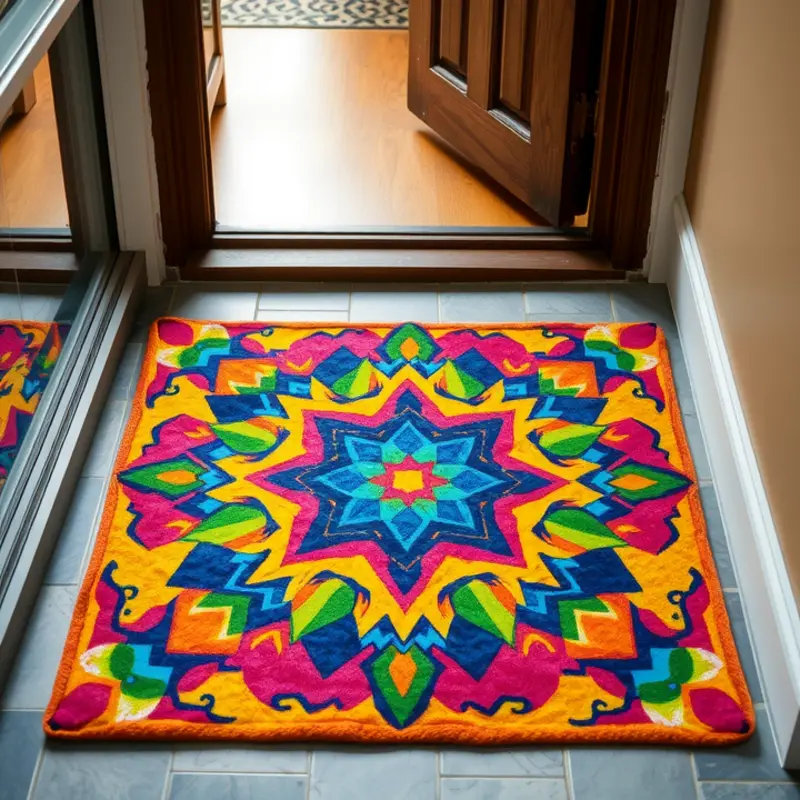 A beautiful hand-painted doormat adding vibrant color to a home entryway.