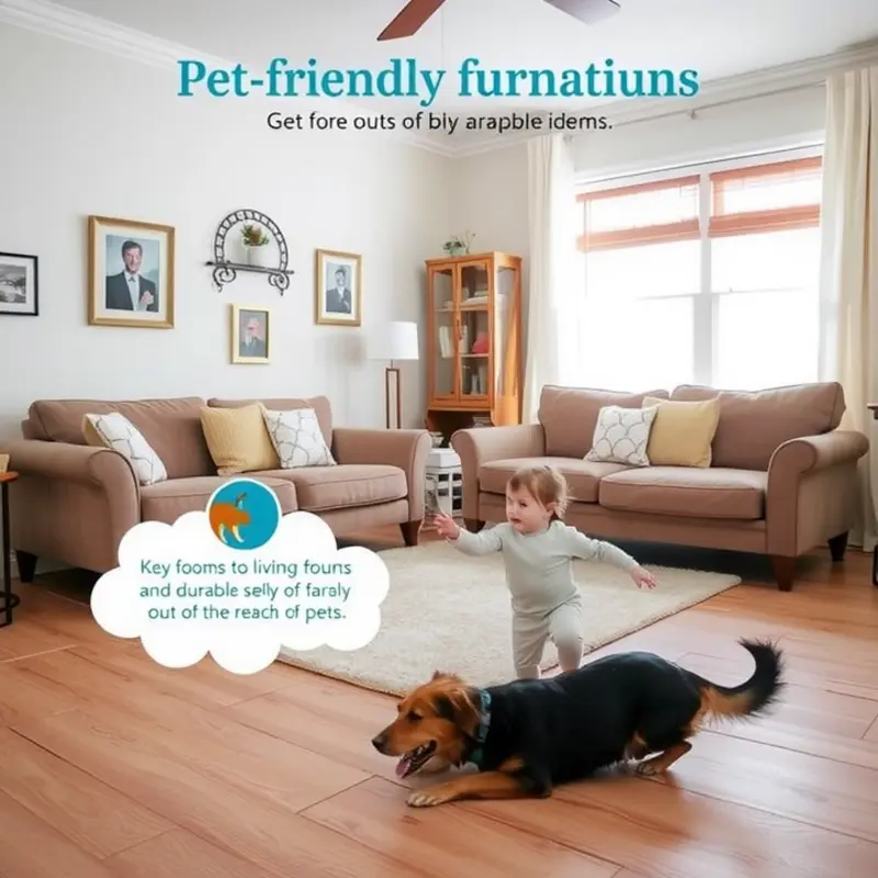 A cozy living room designed with pet-friendly furnishings.