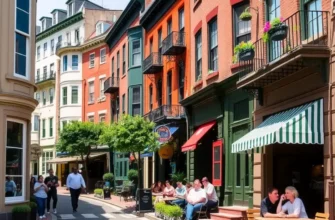 A scenic view of Old City Philadelphia highlighting the Liberty Bell and bustling streets.