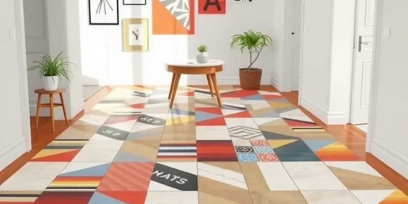 A bright living room with striking removable tile flooring and stylish furniture.