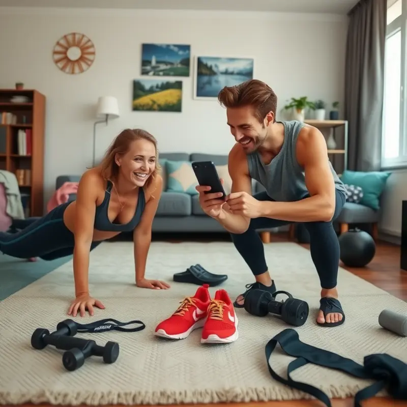A joyful family enjoying fitness together at home.