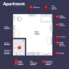 Interior of an apartment highlighting fire safety measures like extinguishers and detectors.