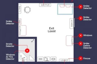 Interior of an apartment highlighting fire safety measures like extinguishers and detectors.